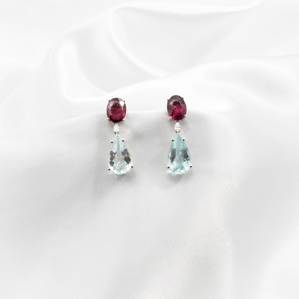 Rhodolite, Aquamarine, Diamond Earrings