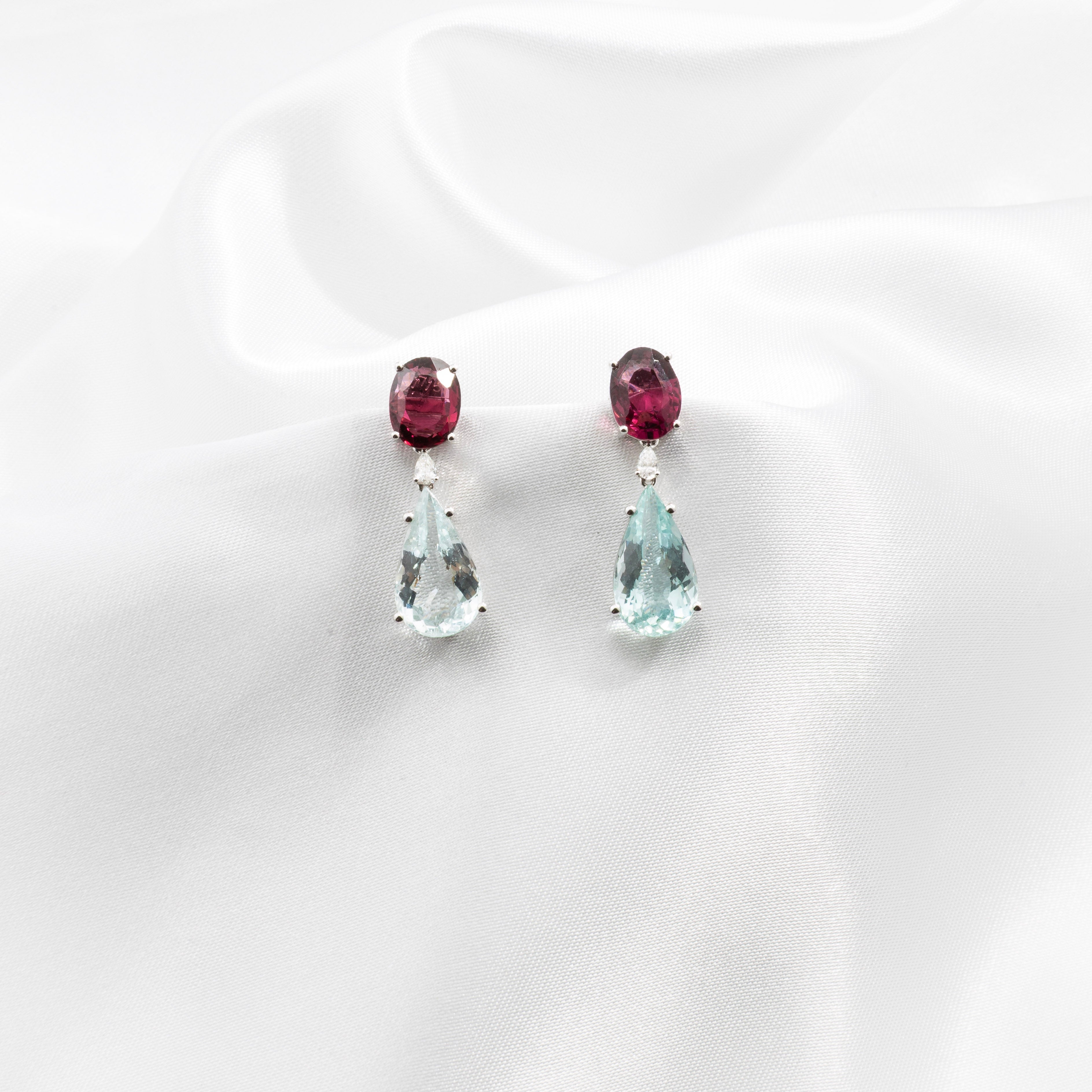 Rhodolite, Aquamarine, Diamond Earrings