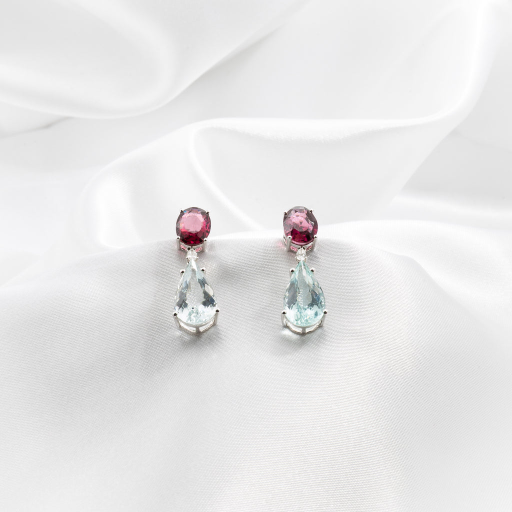 Rhodolite, Aquamarine, Diamond Earrings