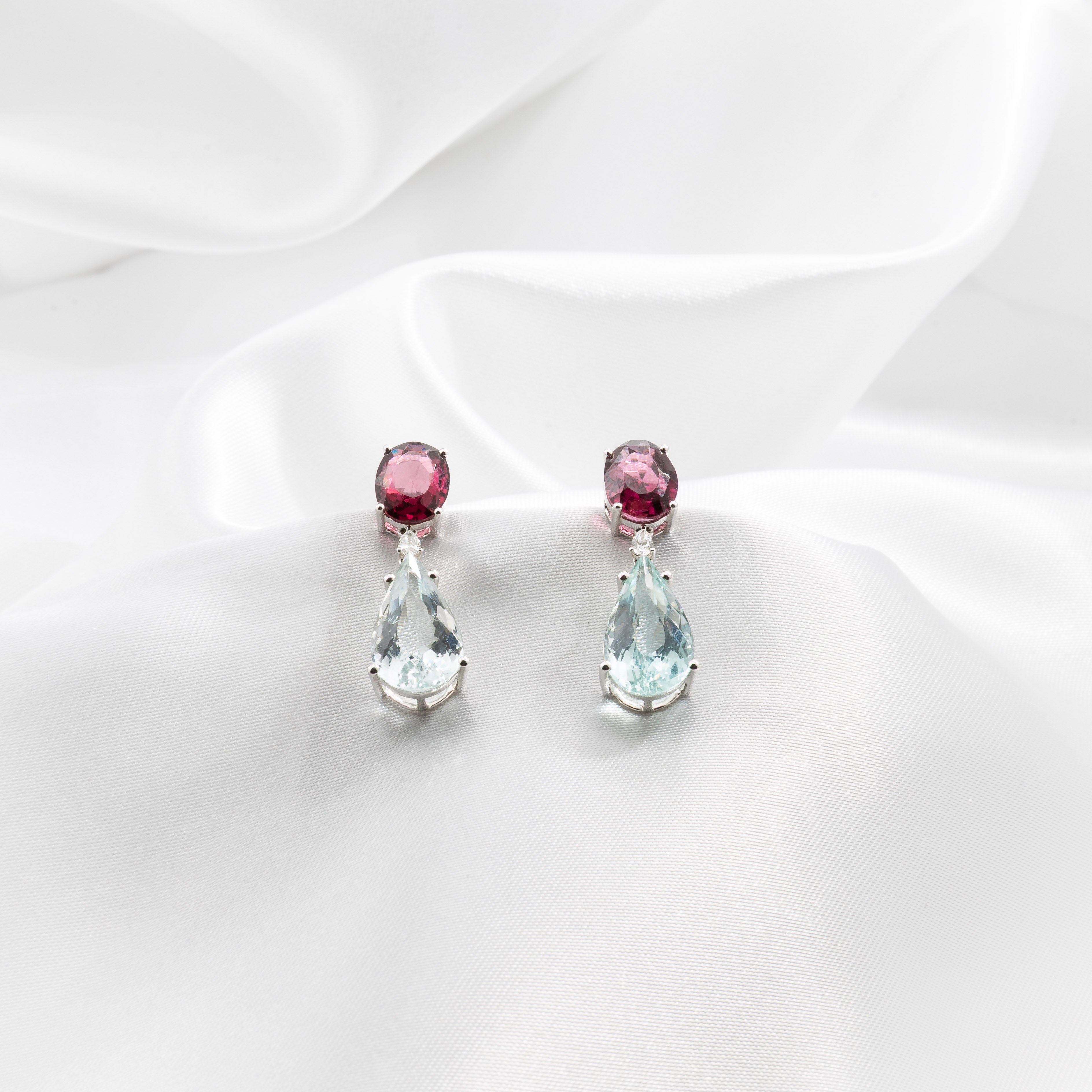 Rhodolite, Aquamarine, Diamond Earrings