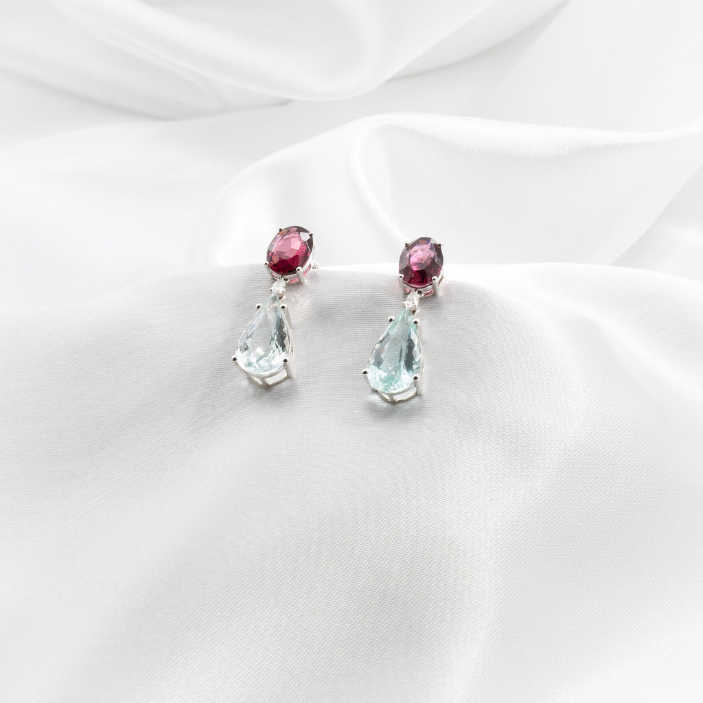 Rhodolite, Aquamarine, Diamond Earrings
