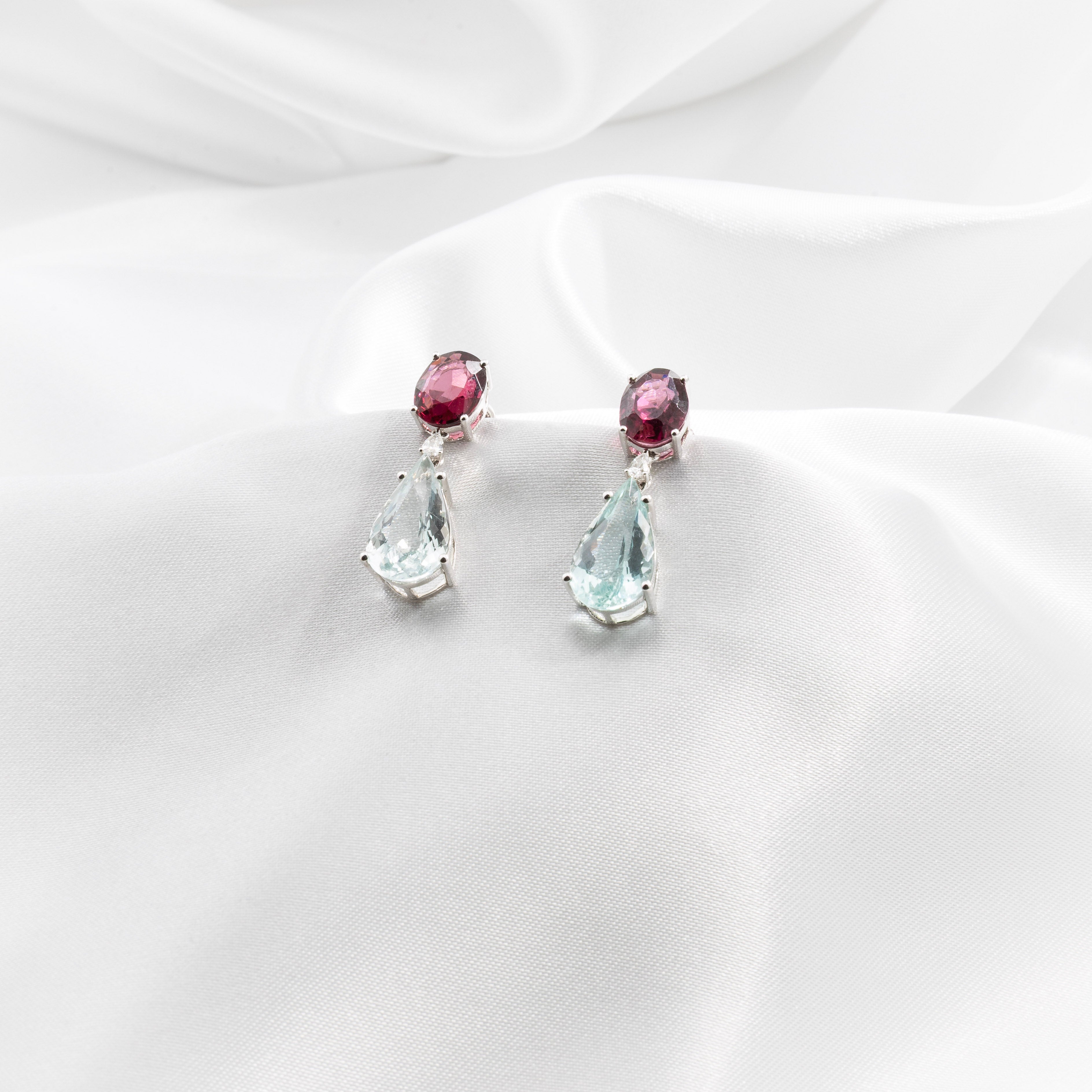 Rhodolite, Aquamarine, Diamond Earrings