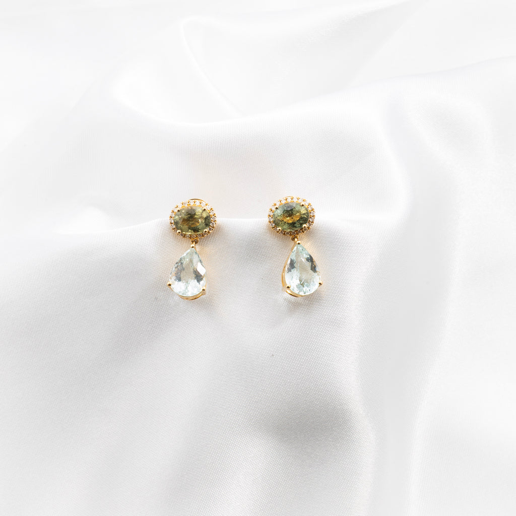 Green Sapphire, Diamond, Aquamarine Earrings