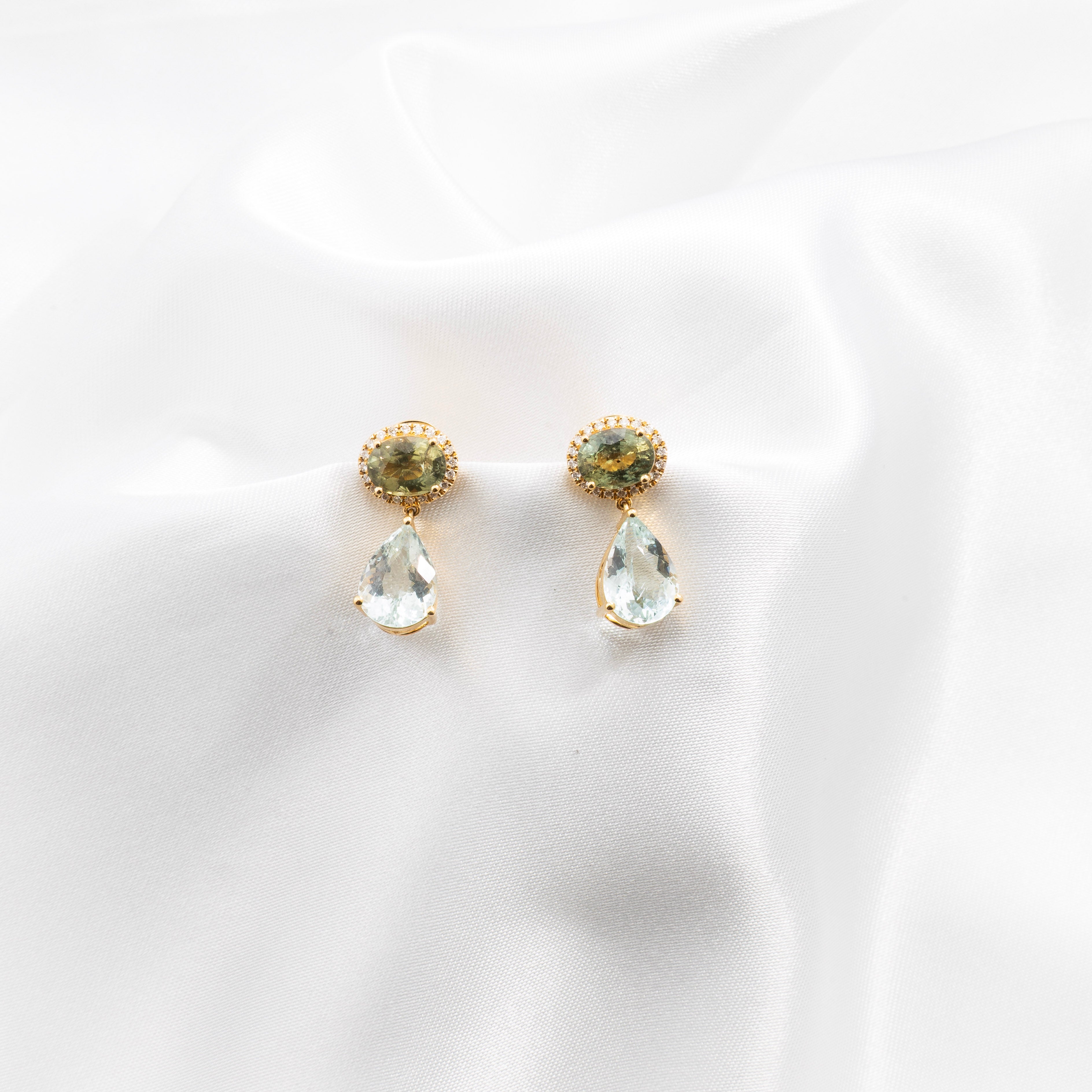 Green Sapphire, Diamond, Aquamarine Earrings