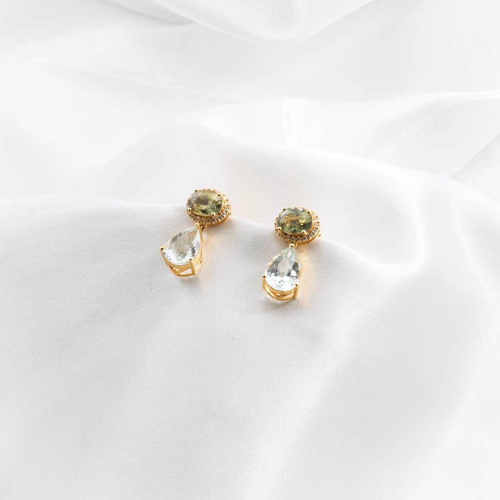 Green Sapphire, Diamond, Aquamarine Earrings