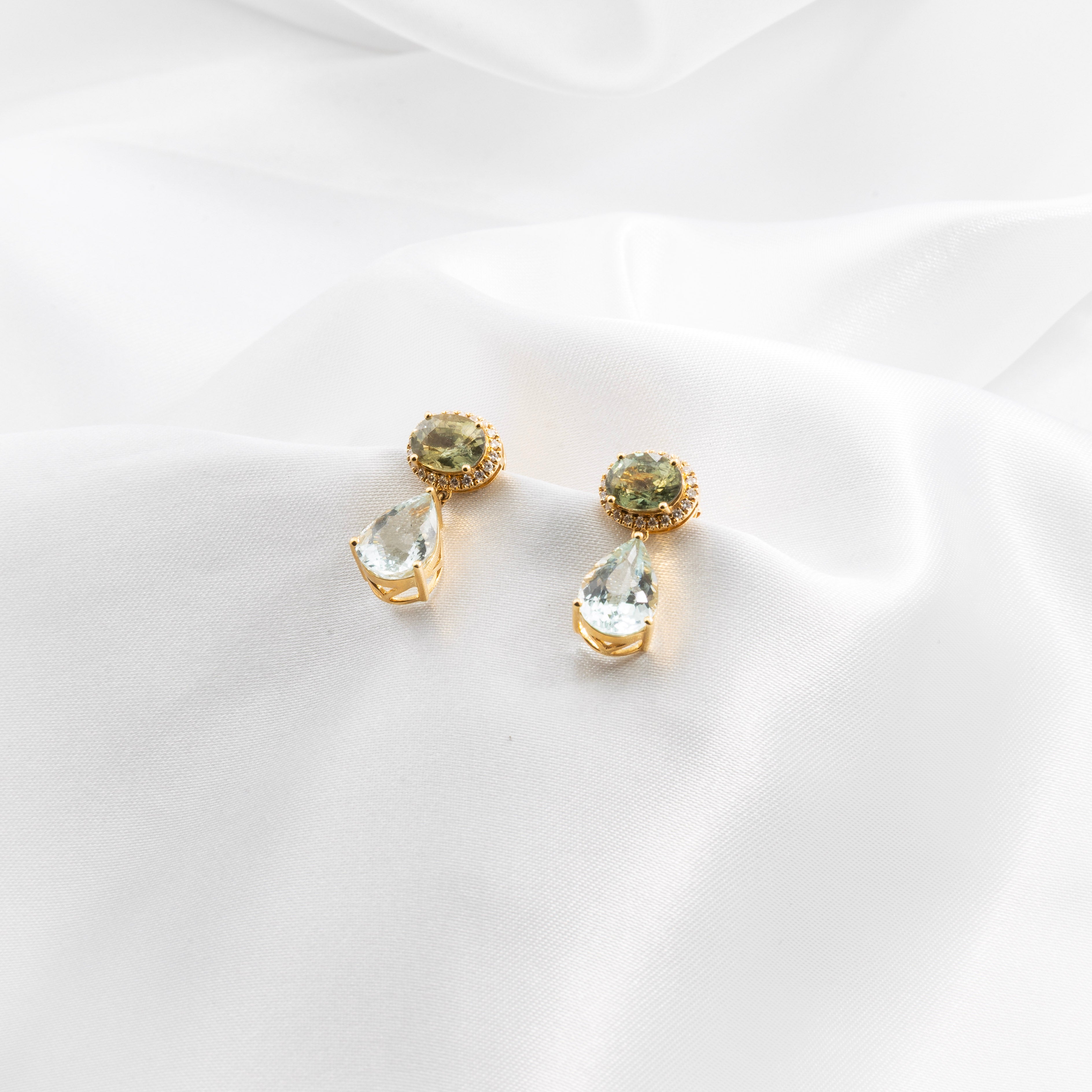 Green Sapphire, Diamond, Aquamarine Earrings
