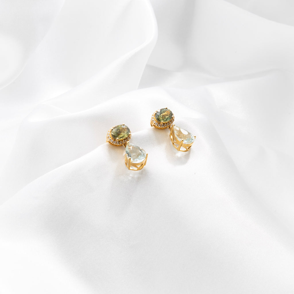 Green Sapphire, Diamond, Aquamarine Earrings