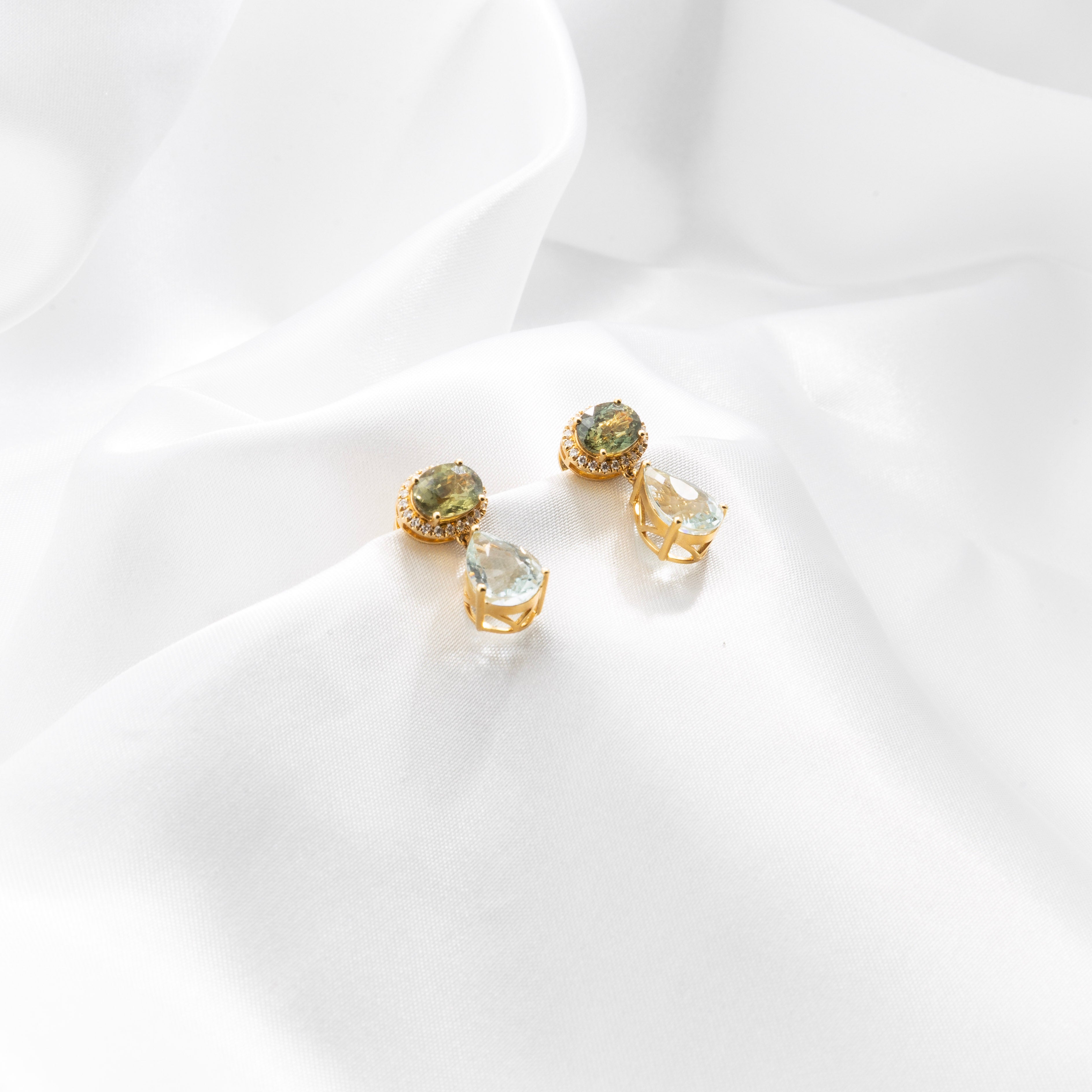 Green Sapphire, Diamond, Aquamarine Earrings