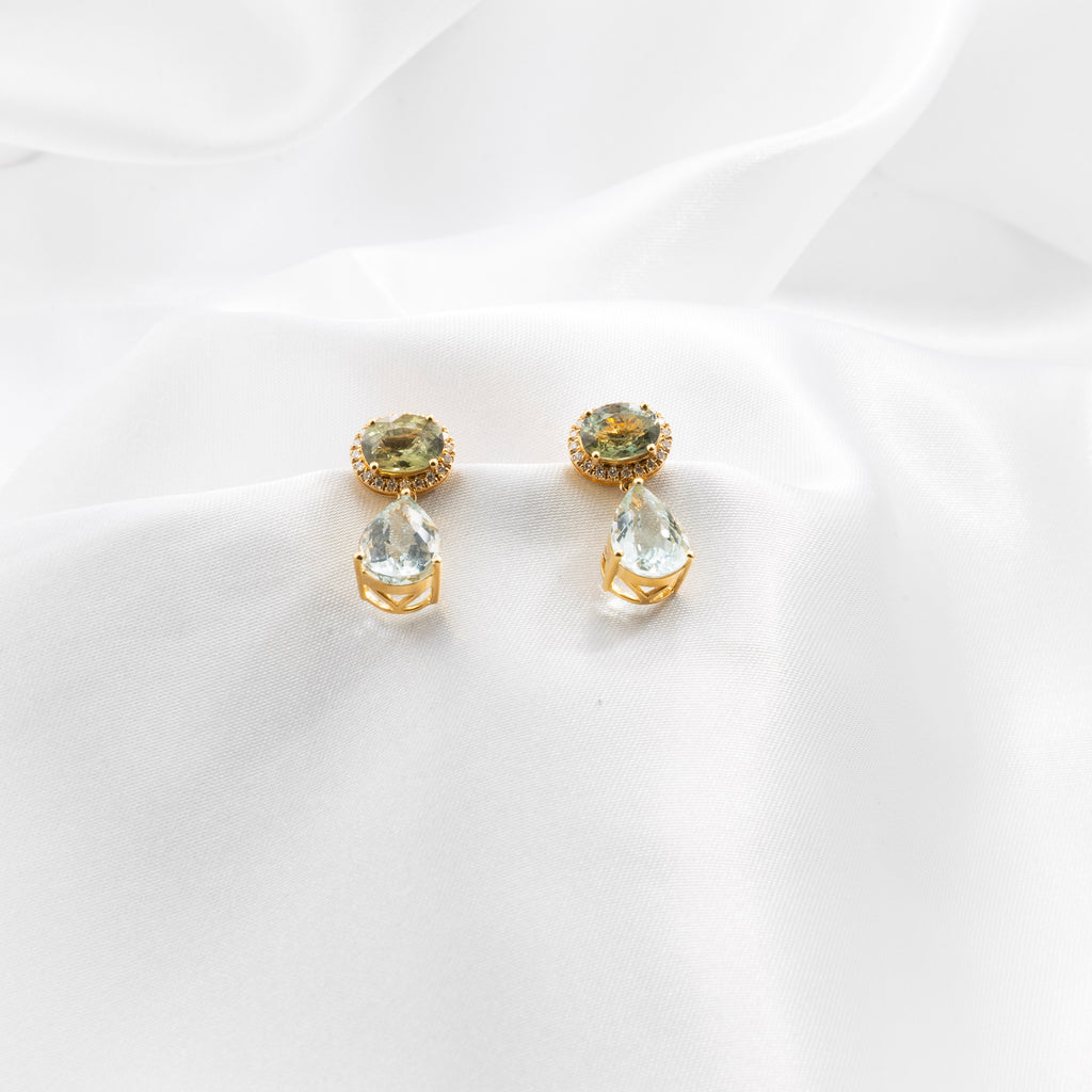 Green Sapphire, Diamond, Aquamarine Earrings
