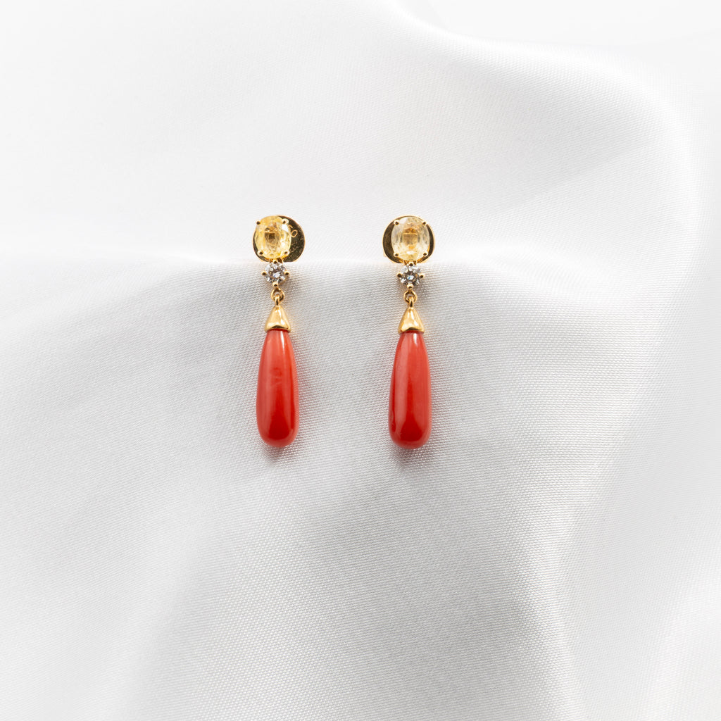 Yellow Sapphire, Coral, Diamond Earrings