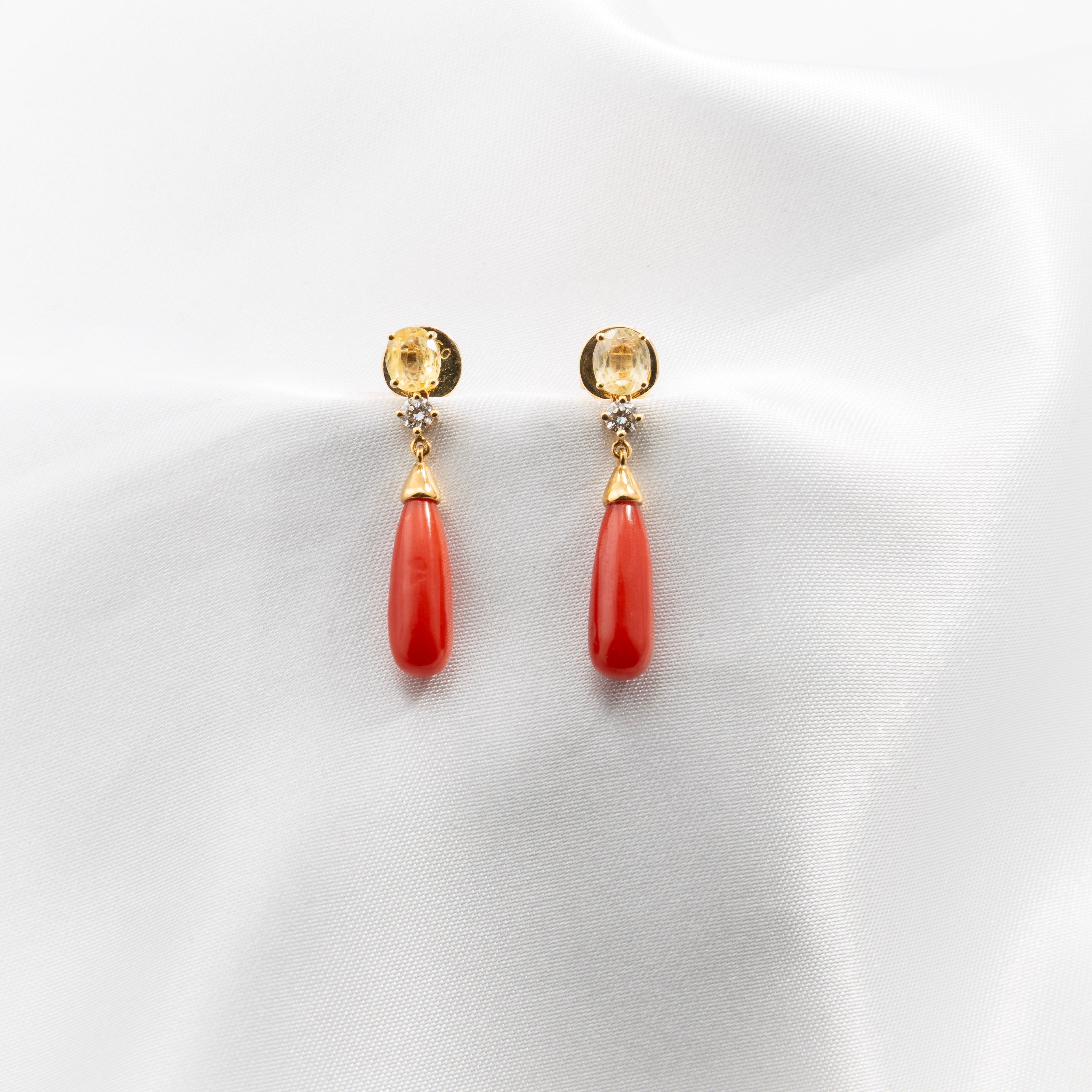 Yellow Sapphire, Coral, Diamond Earrings