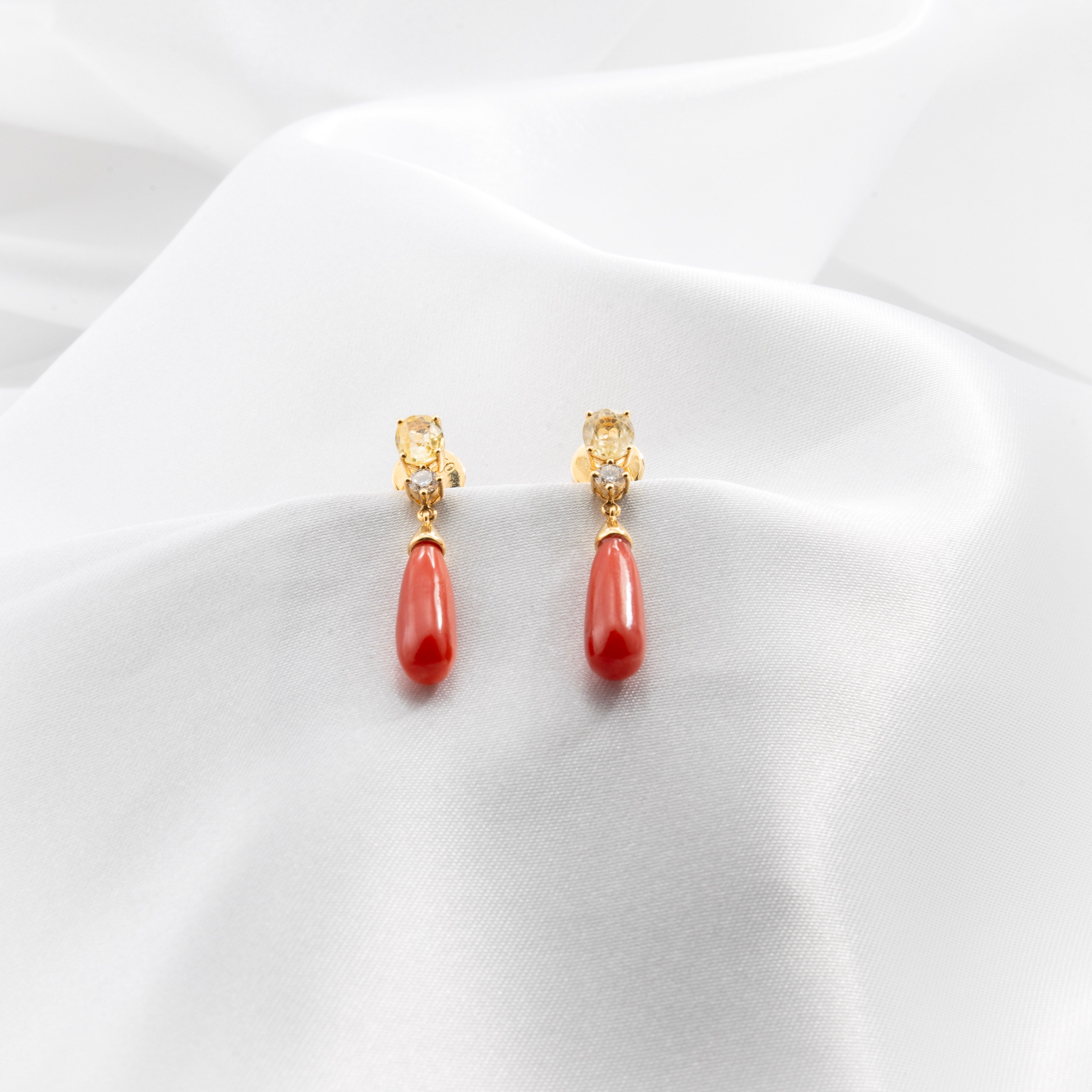 Yellow Sapphire, Coral, Diamond Earrings