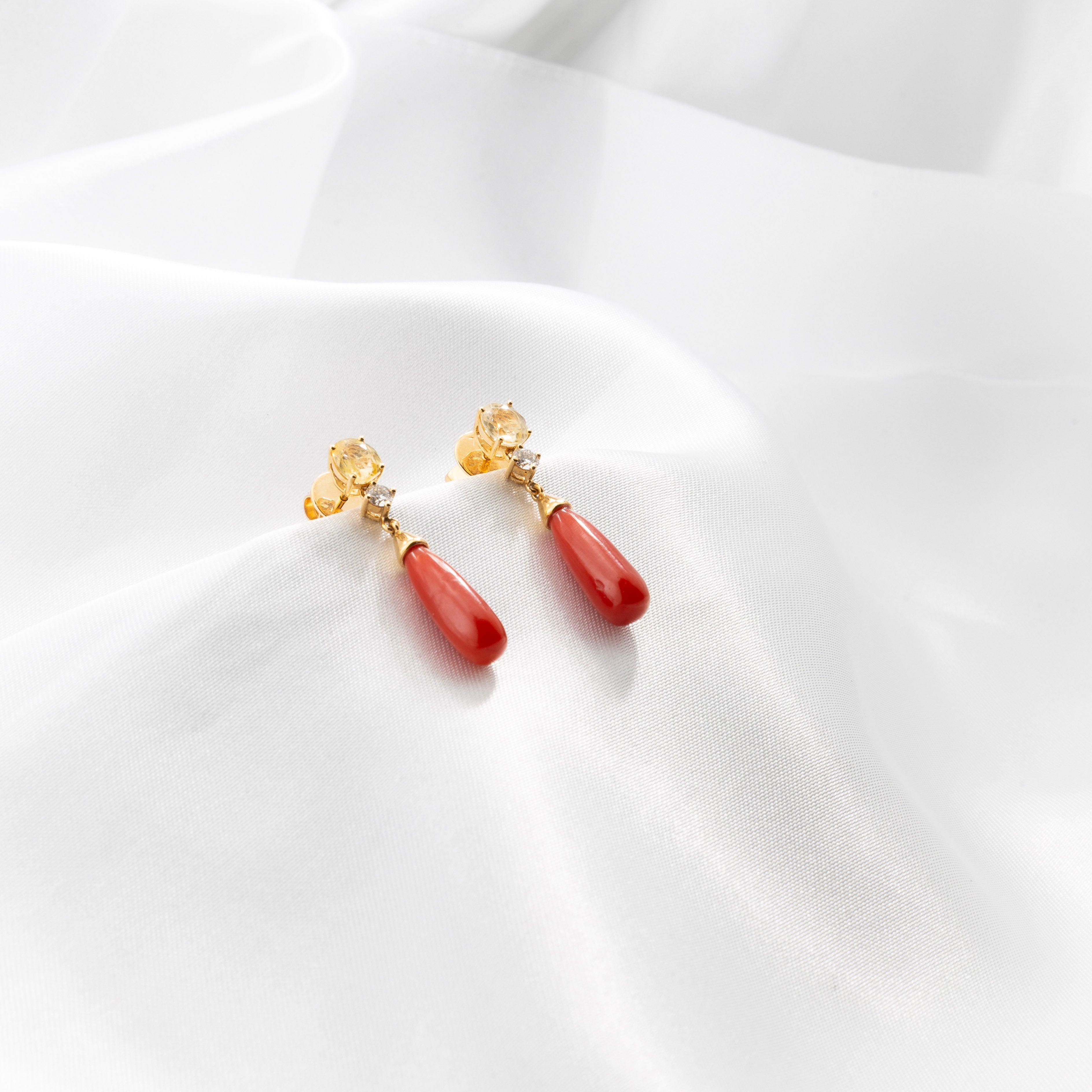 Yellow Sapphire, Coral, Diamond Earrings