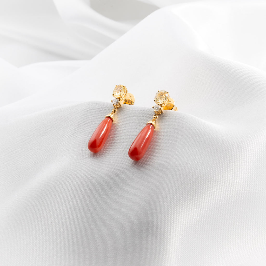 Yellow Sapphire, Coral, Diamond Earrings
