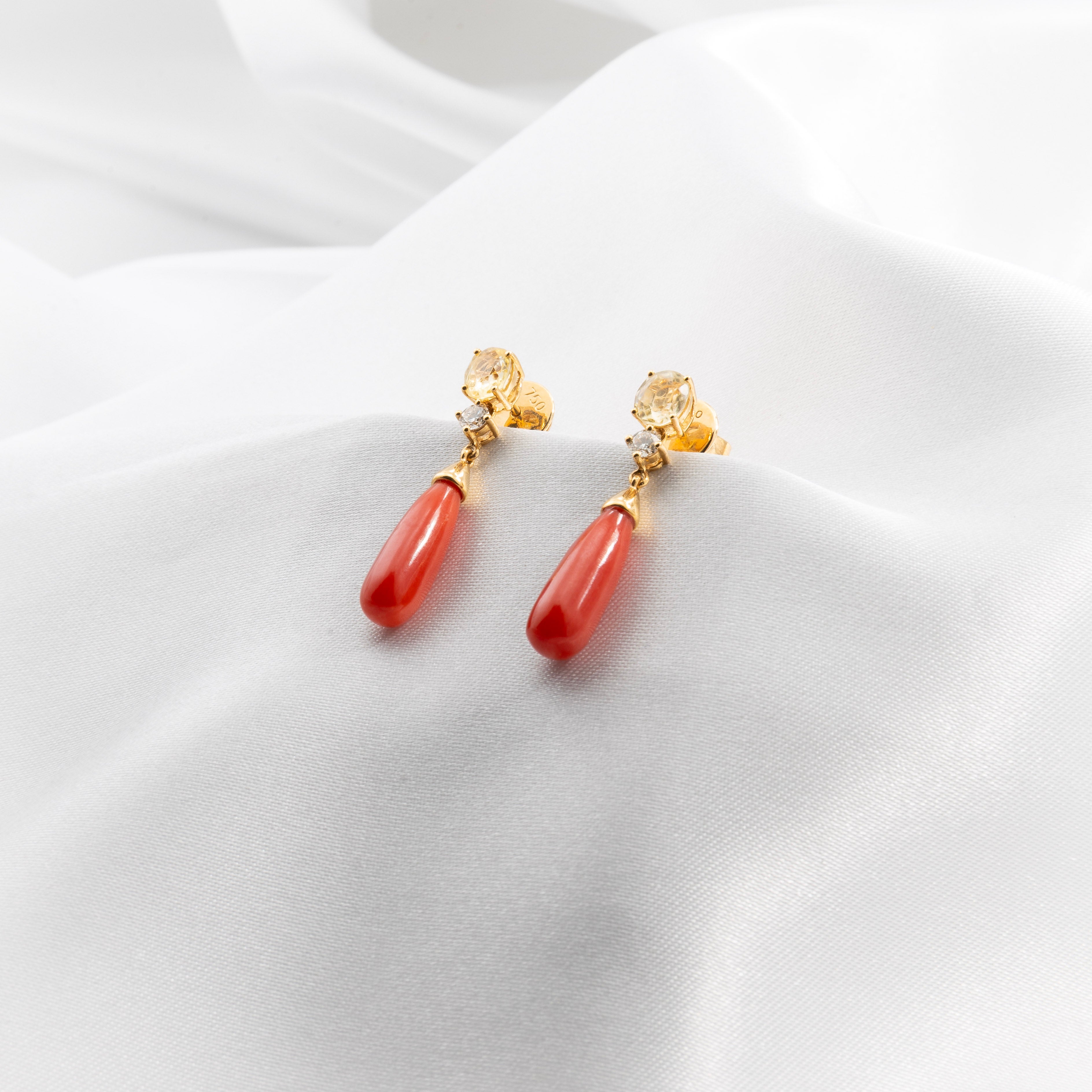 Yellow Sapphire, Coral, Diamond Earrings